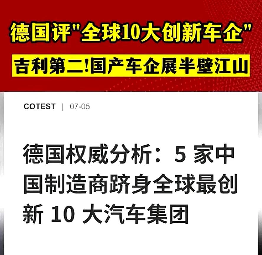 德媒评全球十大创新汽车集团中国占5家，特斯拉才排第13名，前十中国车企有吉利，比
