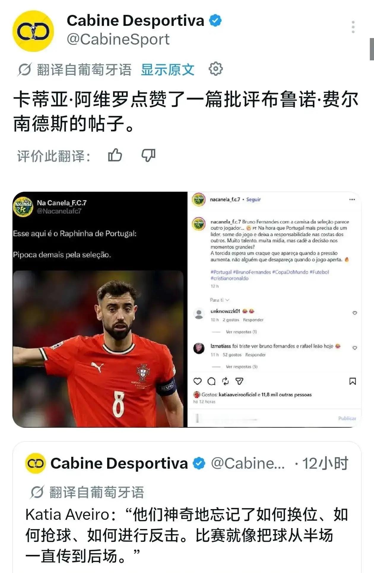 异弟登陆？罗姐（C罗的姐姐）点赞批评b费的帖子。葡萄牙队难道要内讧了？ 