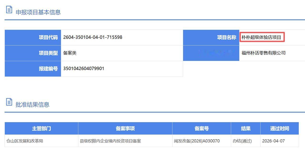 成功报批！朴朴福州首个超级体验店要来了！

资料显示，该公司于2025年12月2