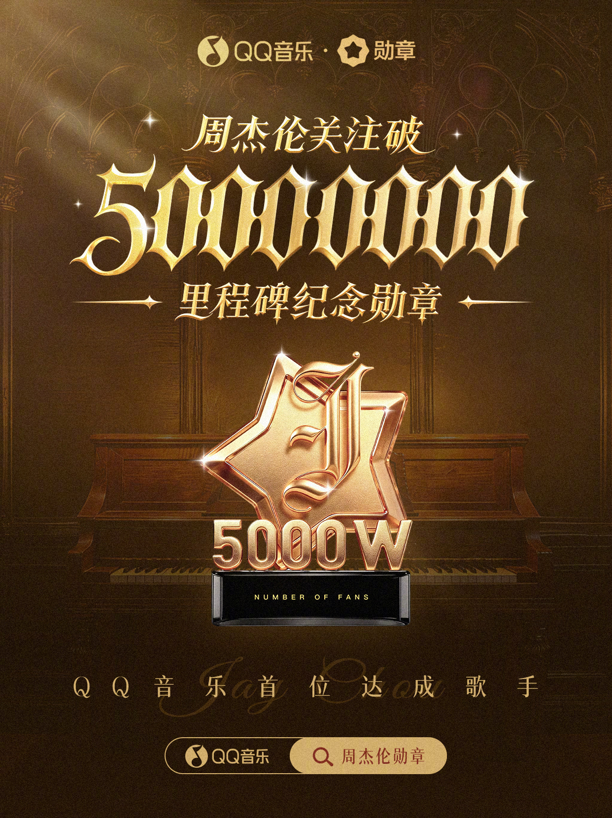 周杰伦QQ音乐粉丝数突破5000万！成为首位达成这一里程碑的歌手！
