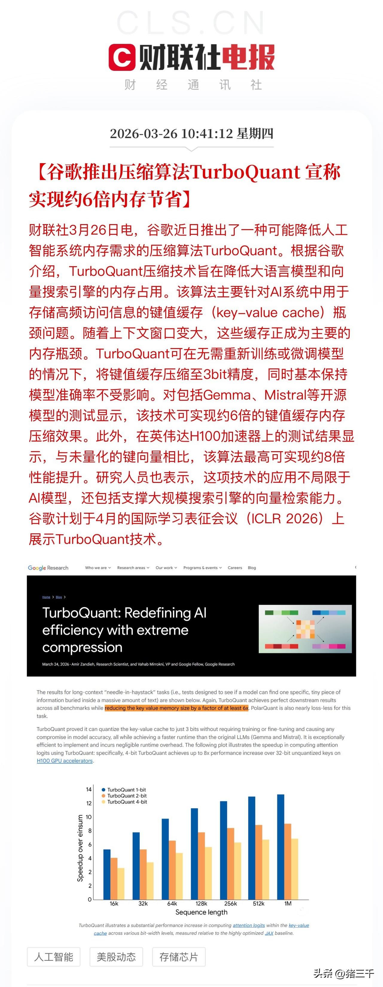 谷歌兴起存储芯片新一代技术革命？
谷歌推出了一种压缩算法，
能将人工智能内存缓存