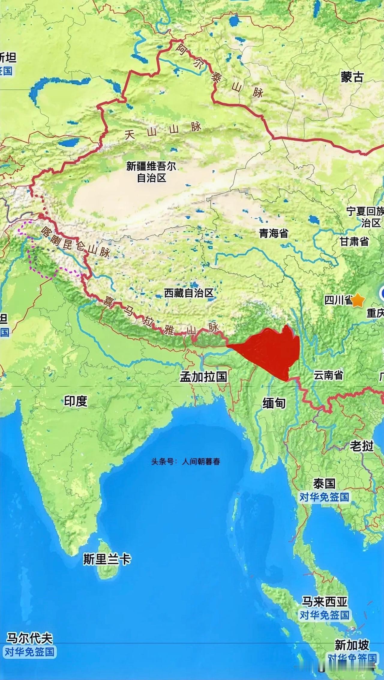 我国西南版图的轮廓其实谈不上完美，主要还是缺失了云南省与西藏交界处的这块土地，而