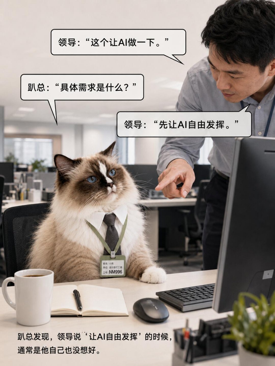 领导学会AI后我工作量翻倍了AI确实提高了效率。 以前领导一天想三个需求， 现在