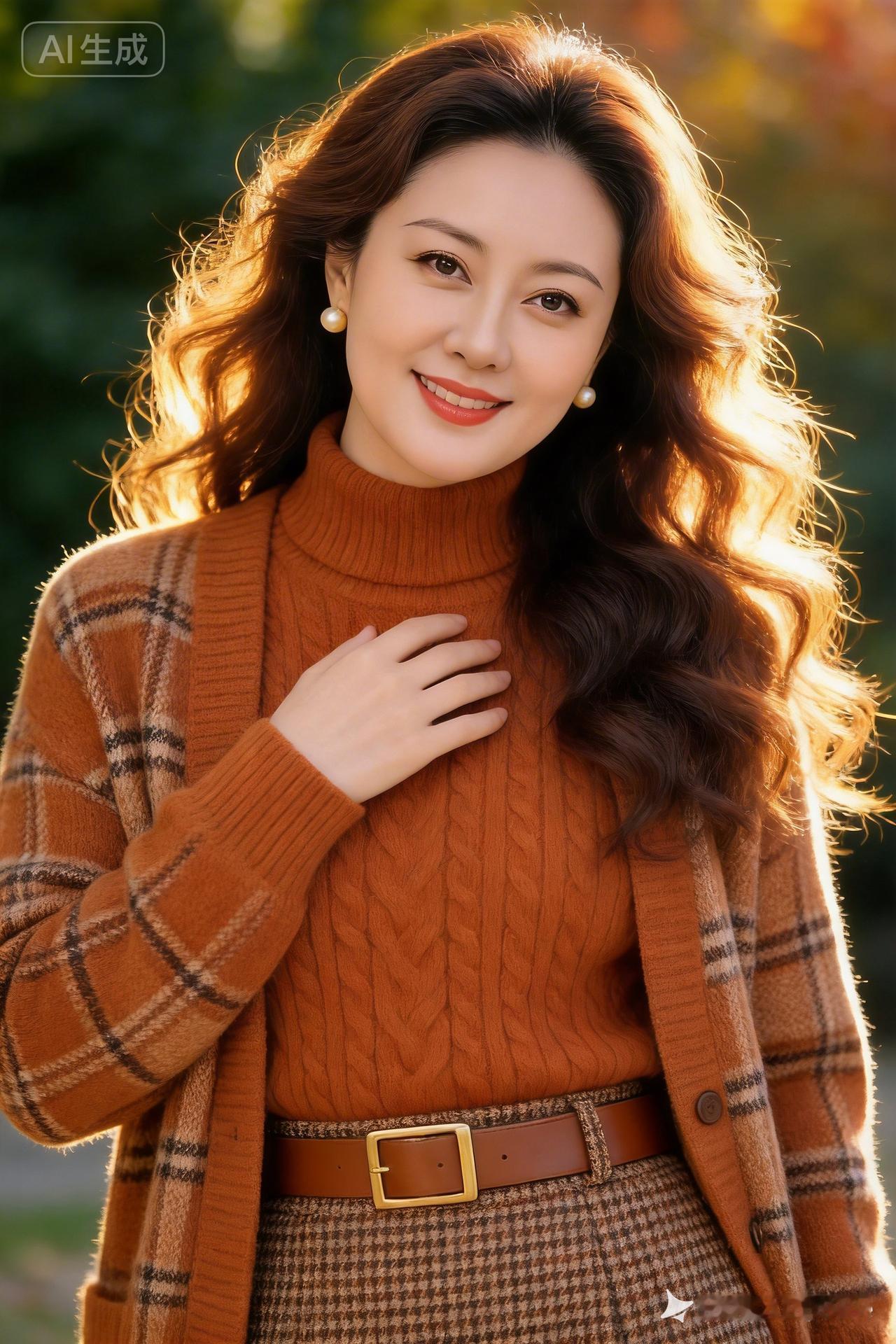 秋日暖阳下的温柔微笑，暖色调穿搭尽显优雅与温暖。