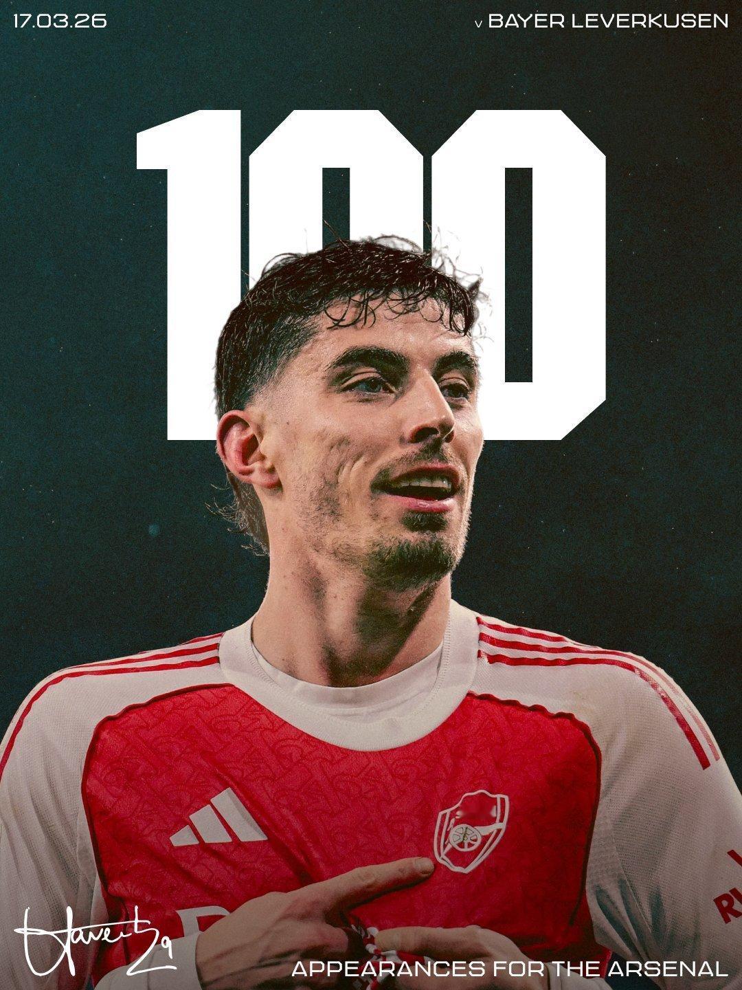 昨晚哈弗茨完成了代表阿森纳的第100场比赛✔阿森纳2比0勒沃库森 欧冠 哈弗茨