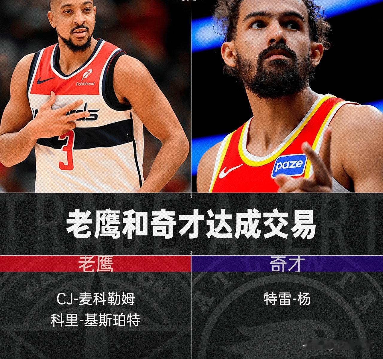 只有CJ+基斯珀特！美媒Jake Fischer发文感慨：特雷-杨这笔交易未涉及