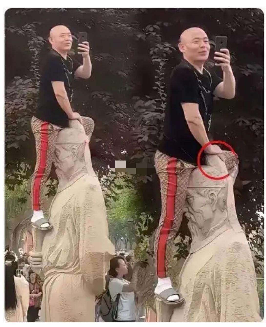 光头男子在旅游景区爬上古雕塑拍照，引发众怒！

这是什么素质？近日，光头男子在旅