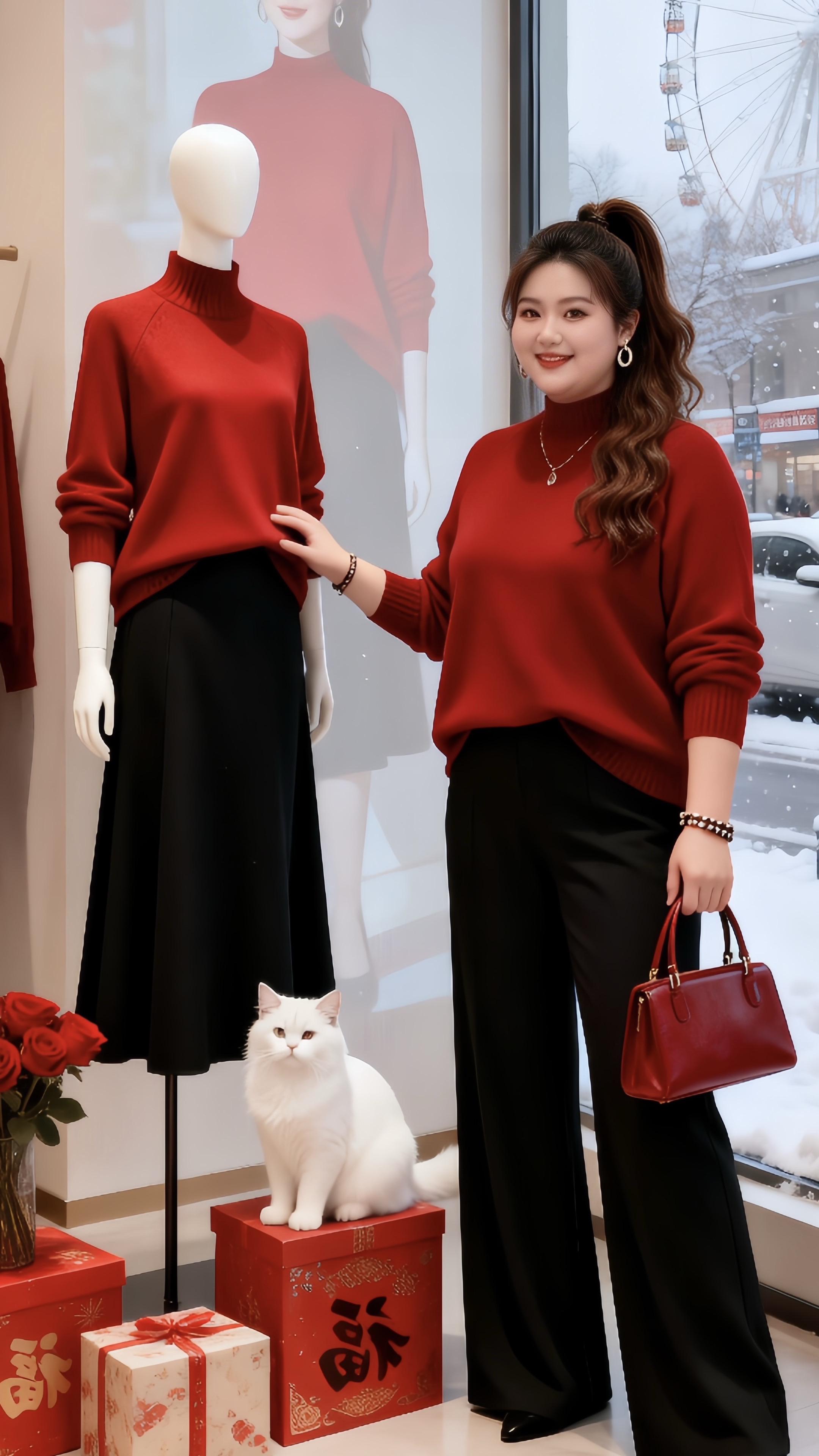 新年拍出超好运 大码女装 红色毛衣新年穿搭冬日穿搭一周不重样