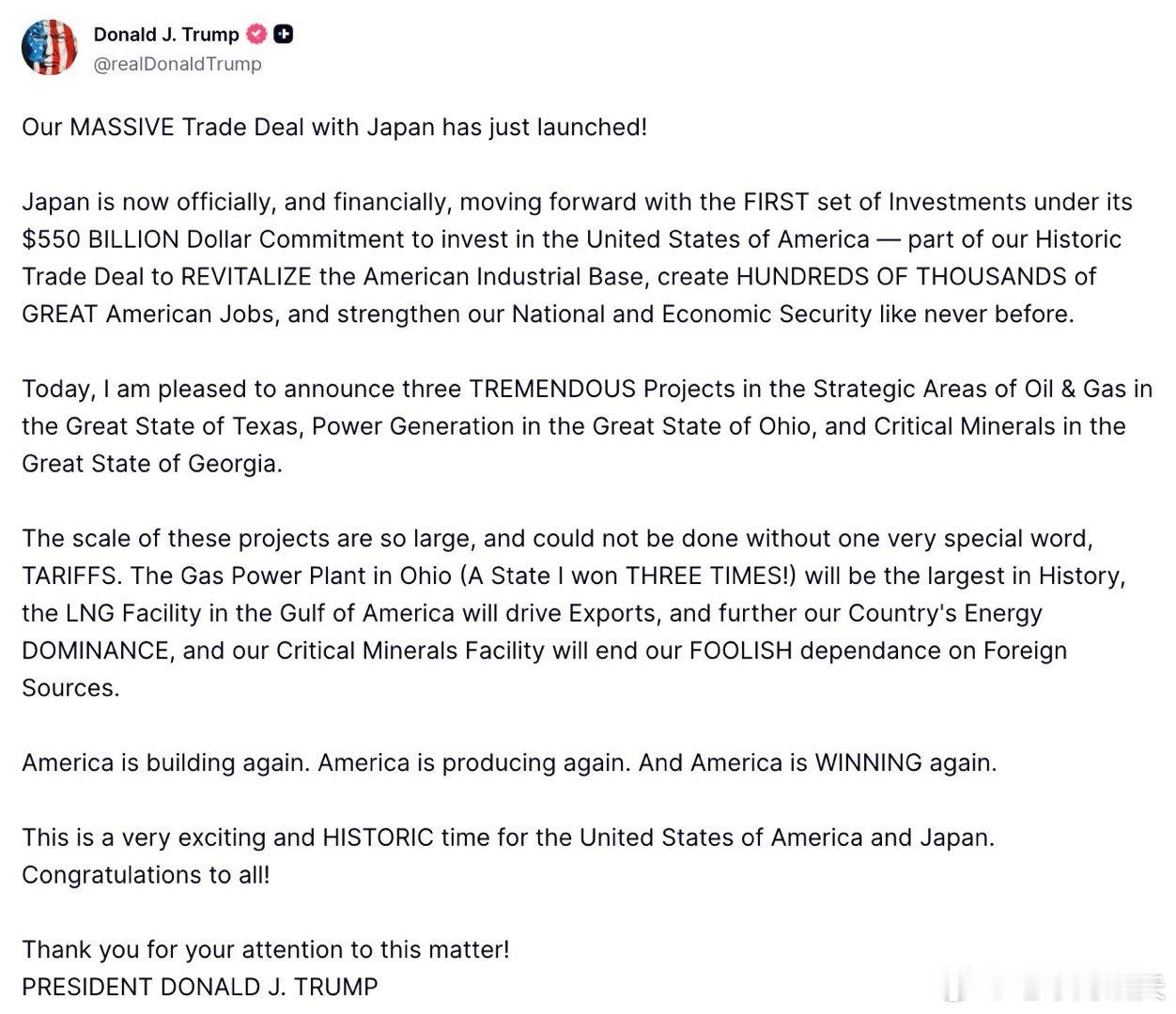 ‼️特朗普：“我们与日本的大规模贸易协议刚刚启动！关税现在正式生效，日本正在正式