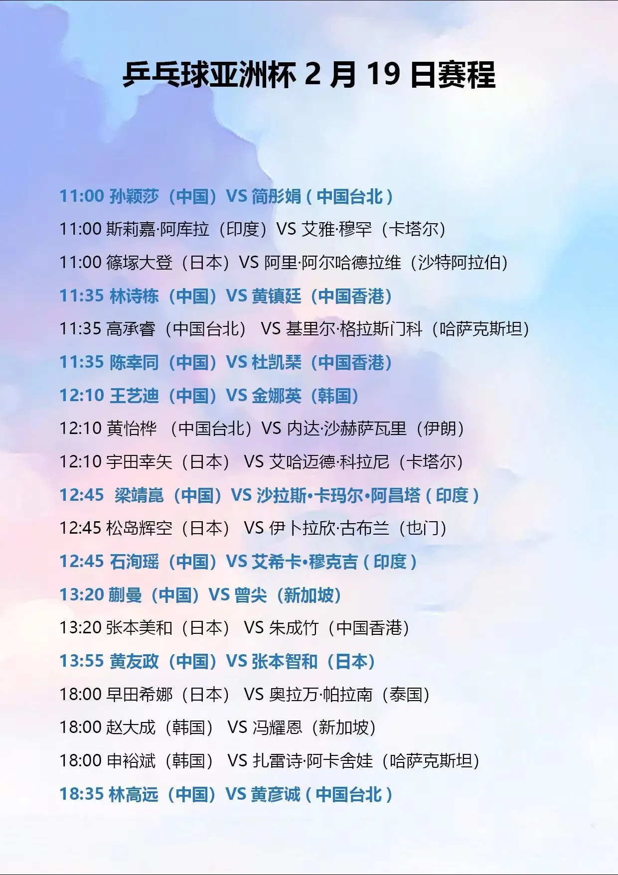 亚洲杯19-20日完整赛程  加油💪💪💪💪💪💪