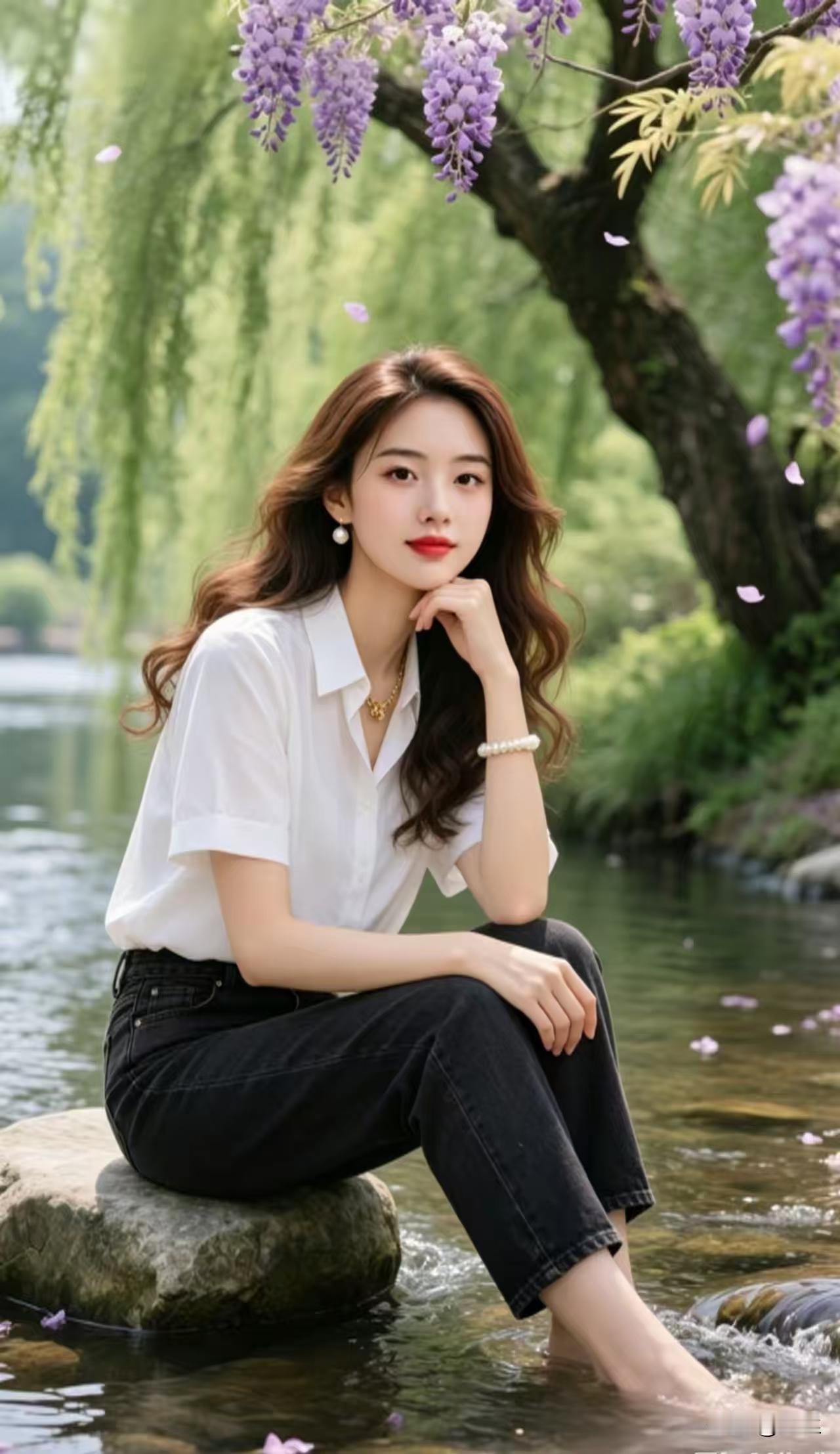 天净沙·溪畔春思
溪摇紫穗浮香，
垂杨漫绾晴光。
波上凝眸远望，
落花逐浪，
情