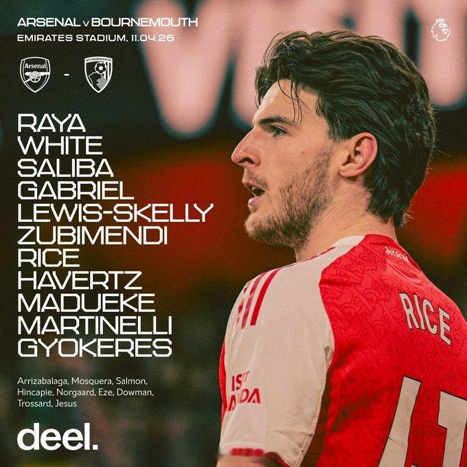 阿森纳首发：拉亚、怀特、萨利巴、加布里埃尔、斯凯利、祖比门迪、赖斯、哈弗茨、马杜