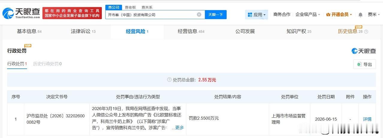 【开市客中国因虚假宣传被罚2.55万 开市客中国因虚假宣传产品被罚】
天眼查经营