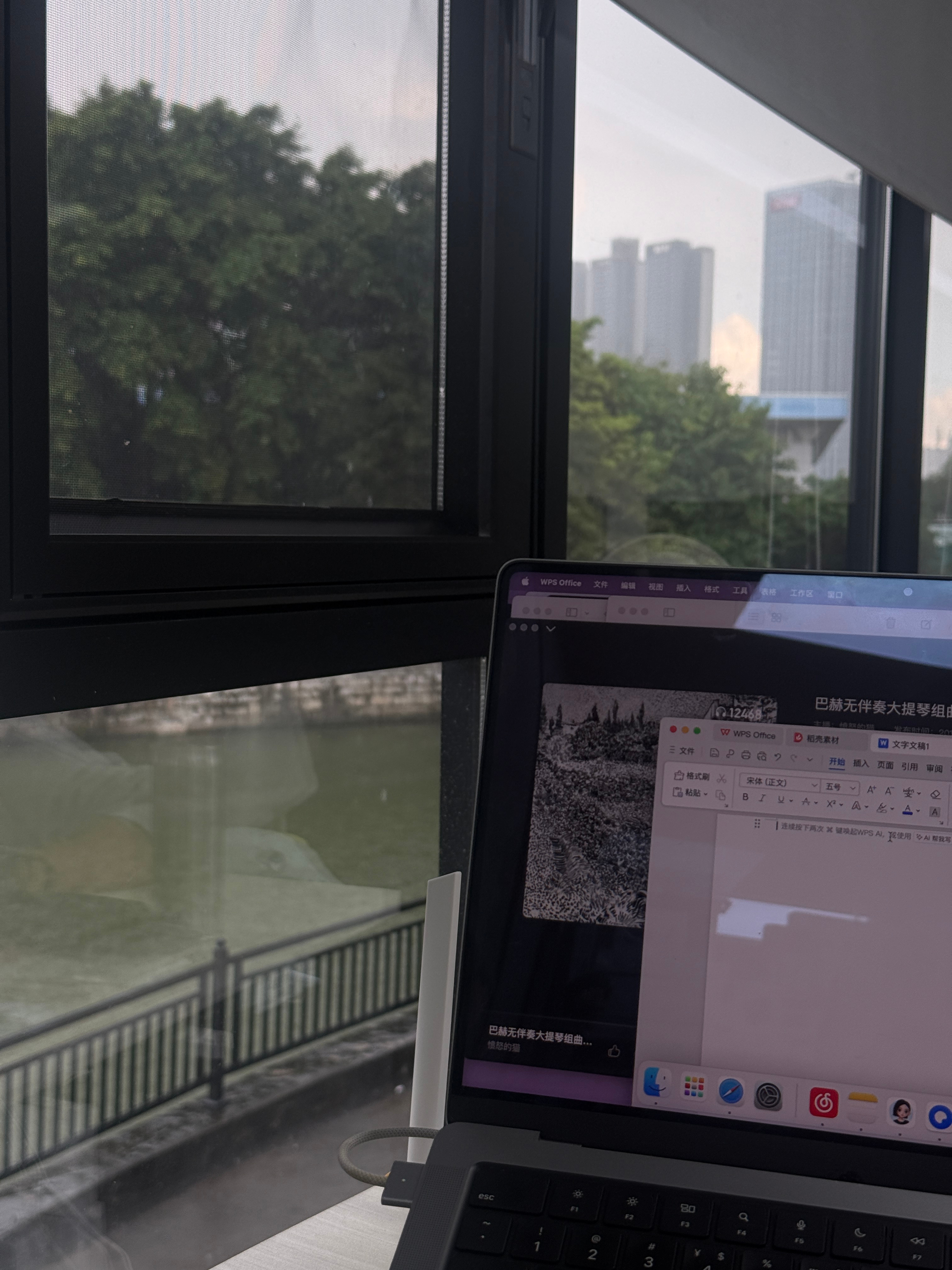 落地窗外倾盆大雨，护城河边盈满绿意，不加会班都对不起这样的办公环境了🌧️ 