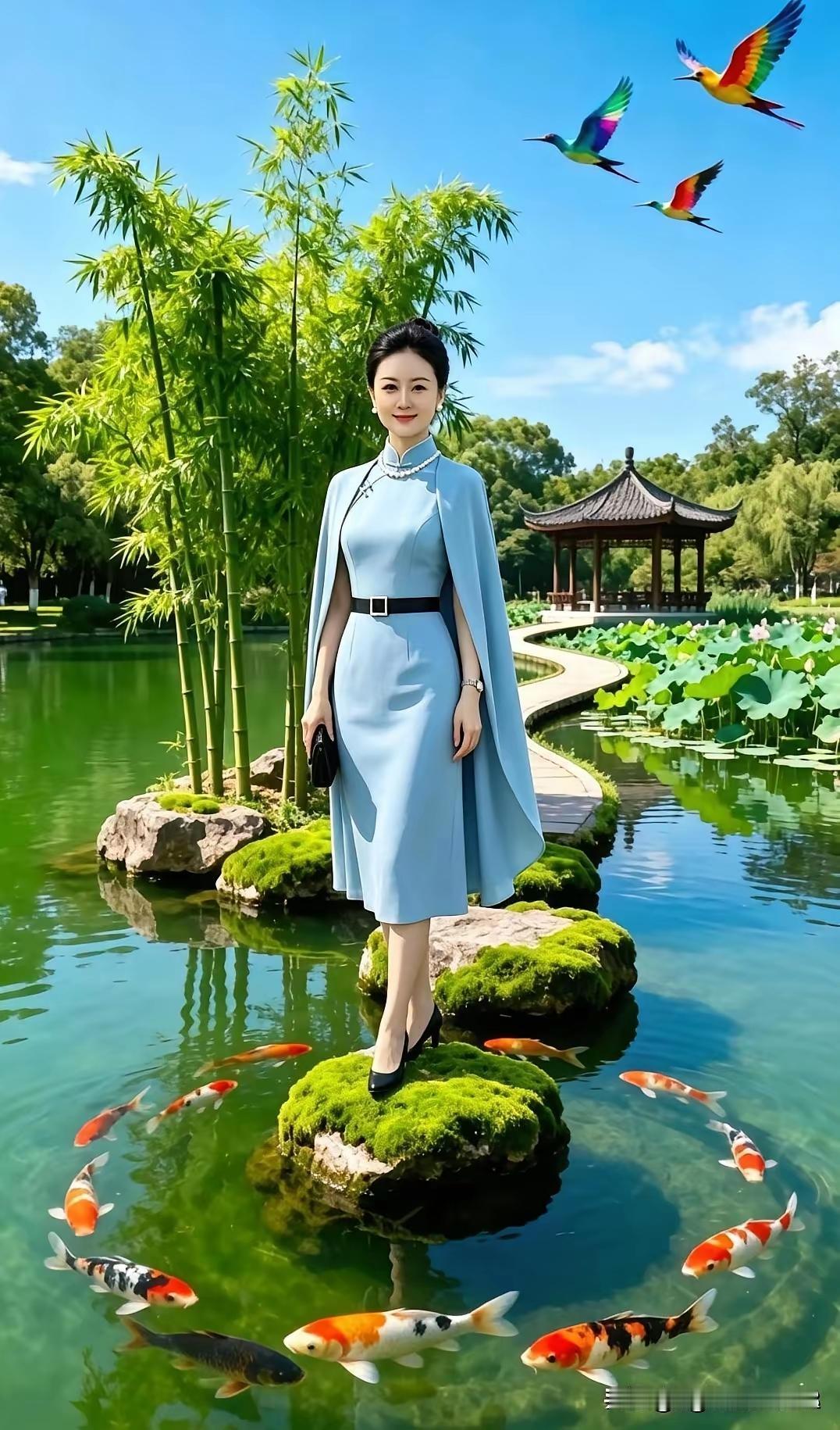 一位女士站在湖边，周围是鱼和鸟。