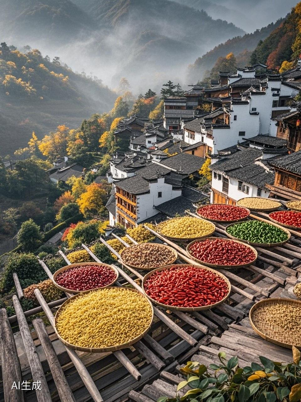 当秋天的风拂过山间，篁岭的晒秋就开始了。这里建村约明代，不足600年历史，曹氏自