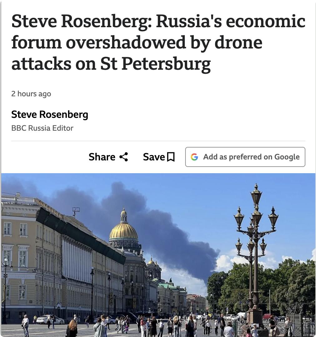 英媒：第29届圣彼得堡国际经济论坛（SPIEF）开幕日和闭幕日均遭乌克兰无人机袭