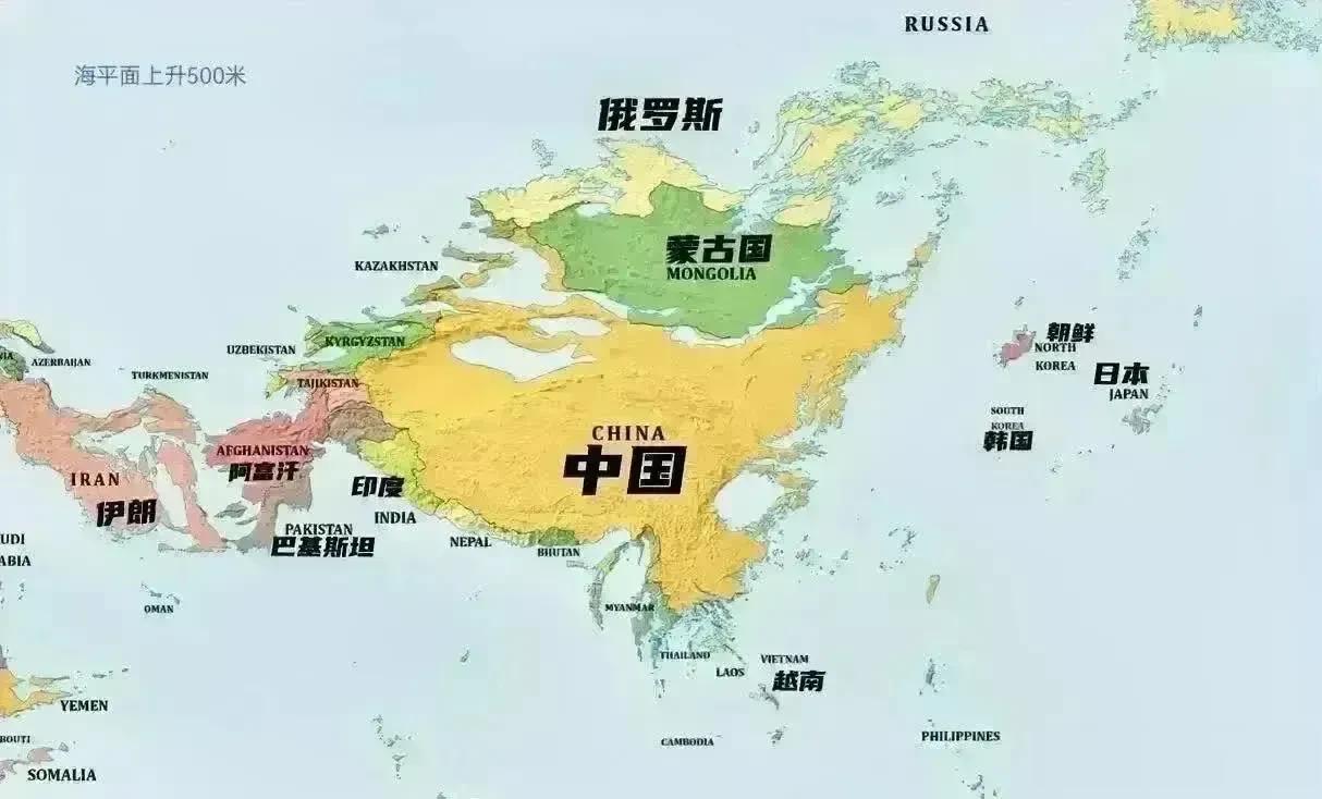 蒙古：海平面上升是多么的美好，我们的海军终于等来了。
海平面上升500米后，蒙古