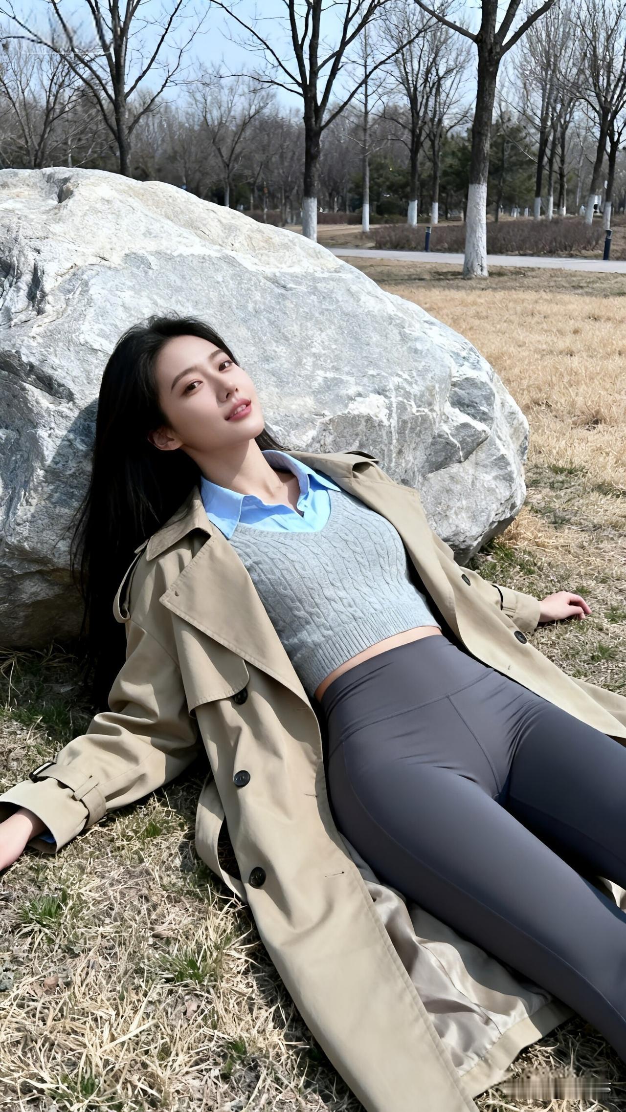 春日松弛感，是风衣的浪漫
卡其色长款风衣，内搭浅蓝色衬衫+灰色针织马甲，灰色高腰