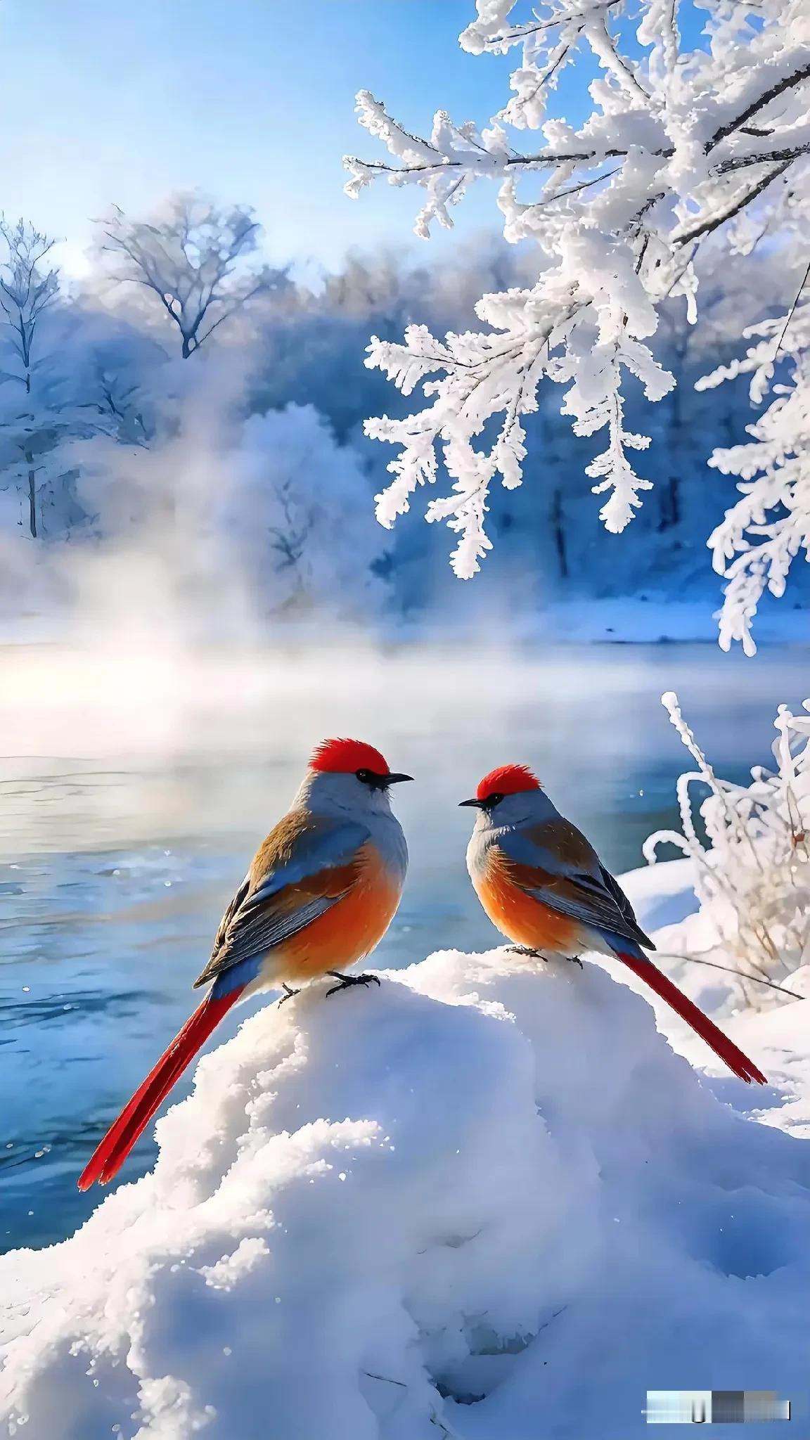 红衣鸟儿立雪堆，寒冬静看水潺潺。