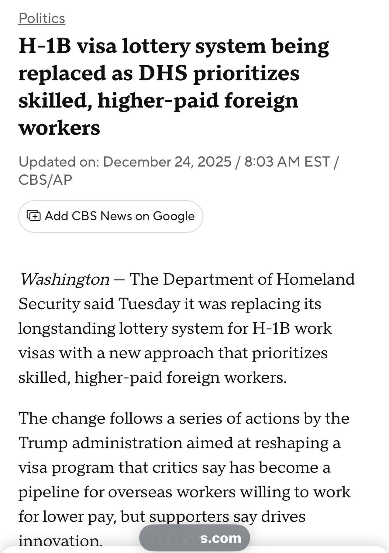 美国国土安全部表示，将用一种优先考虑技术娴熟、收入更高的外国工人的方式，取代其长