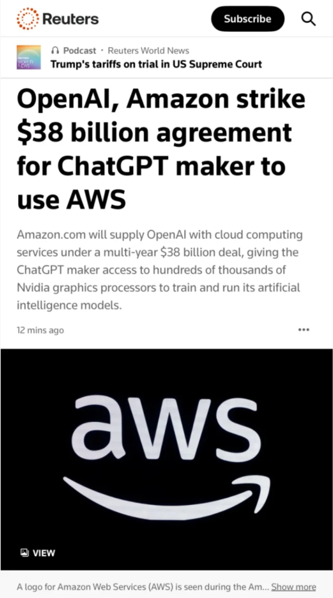 OpenAI官宣和AWS签下7年、380亿美元的算力合作协议，初期就要用上数十万