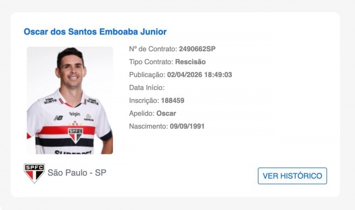 #奥斯卡与圣保罗解约#巴西足协官网的球员注册系统中显示，34岁奥斯卡与圣保罗已于