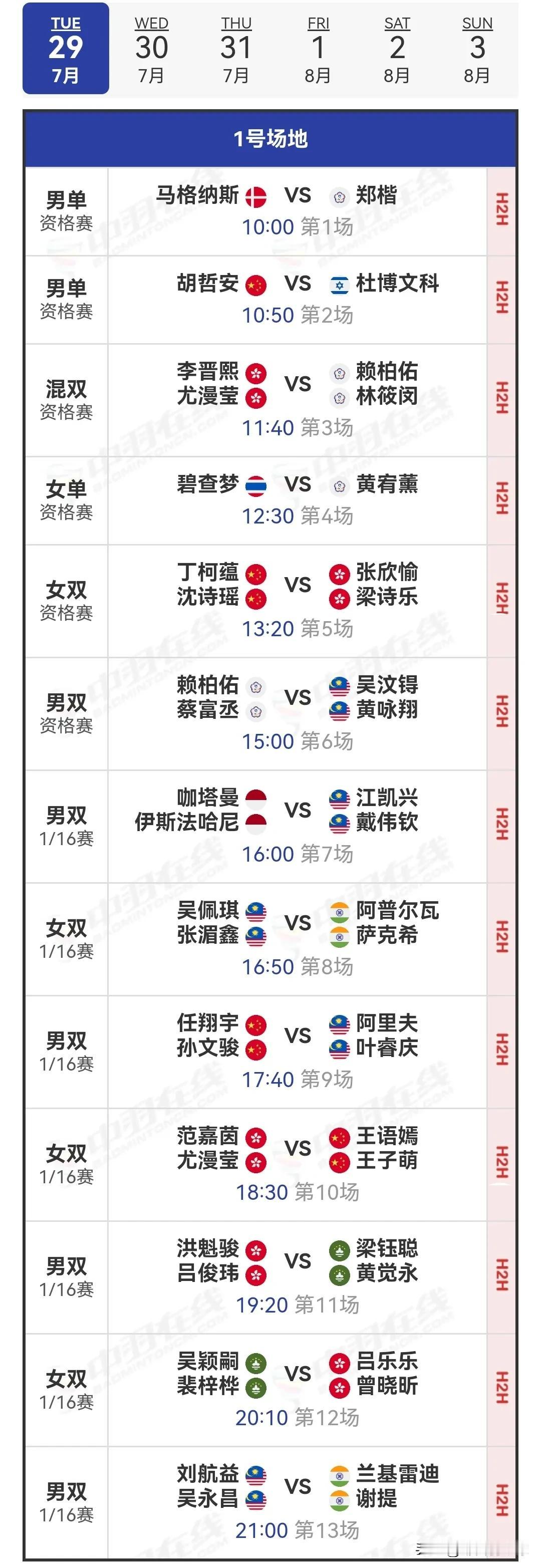 7月29日2025中国澳门羽毛球公开赛首日安排

明日，2025年中国澳门羽毛球