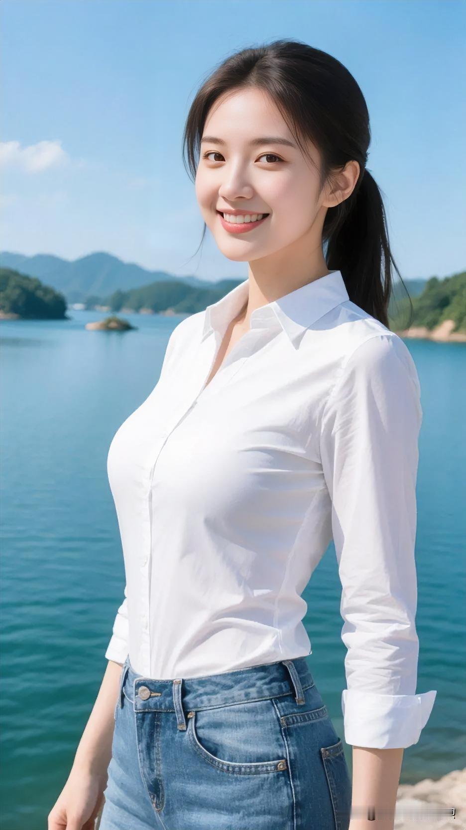 澄澈湖光映笑颜，白衫牛仔简约自然。马尾轻扬，清新如风，尽显青春活力与自在之美。