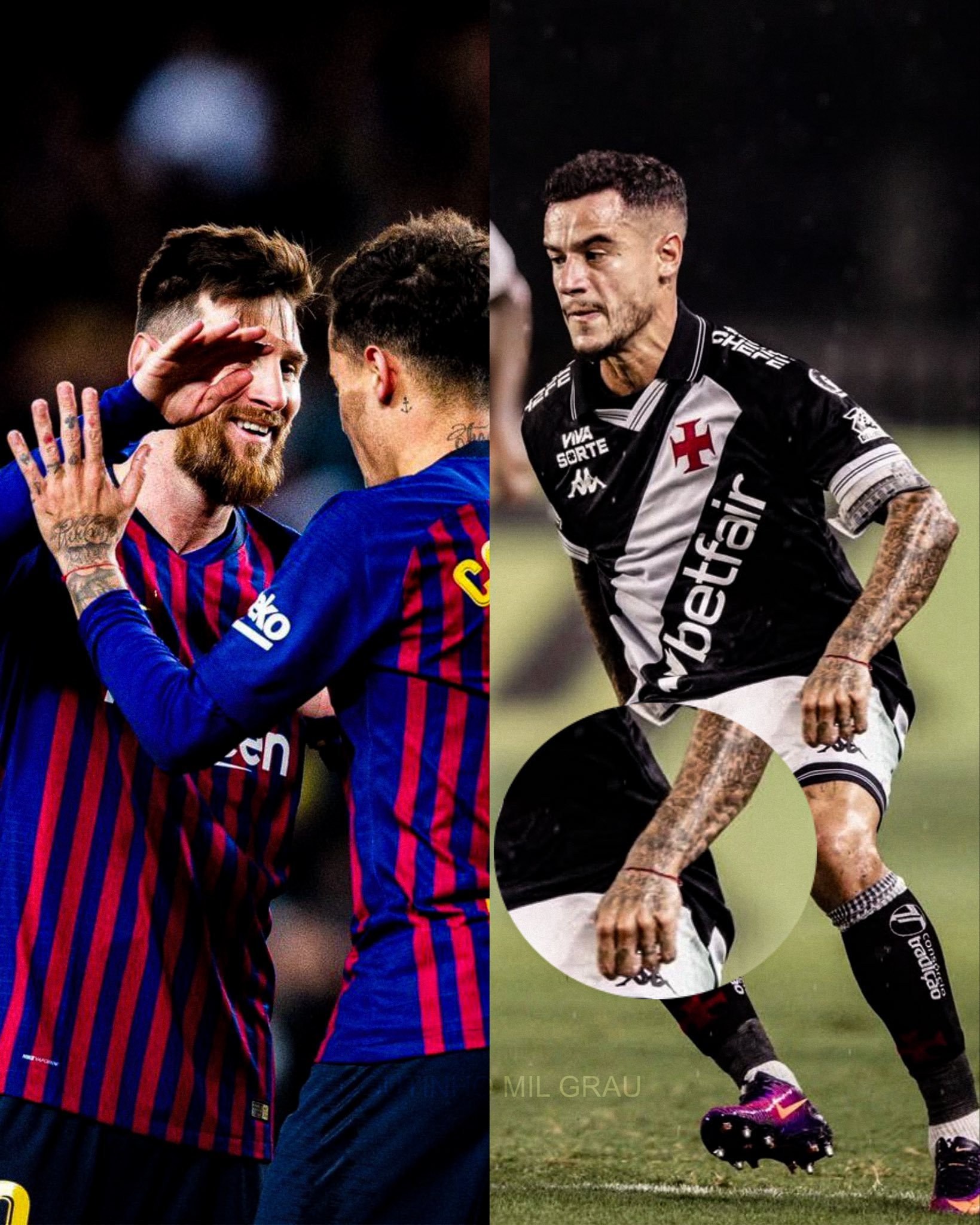 六年过去了，梅西送给库蒂尼奥的那条幸运红绳，如今效力于于瓦斯科达伽马足球俱乐部的