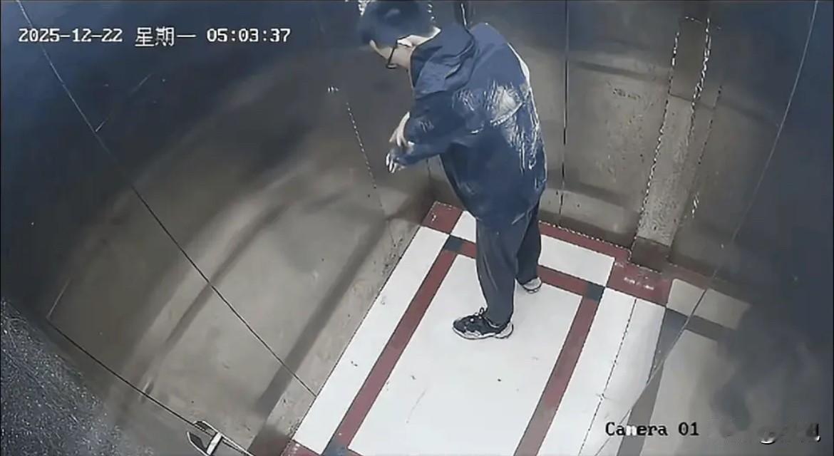 凌晨五点零七分，电梯监控拍下了一个年轻人最后的体面。

他深蓝色外套上沾满白灰，
