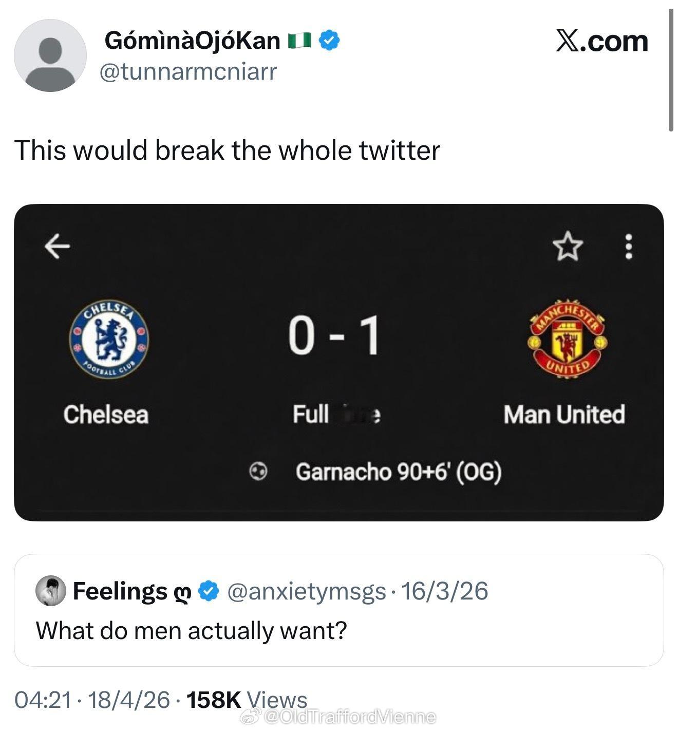 哈哈哈哈现场上演看看实力？加纳乔补时压哨乌龙球 曼联制胜切尔西vs曼联