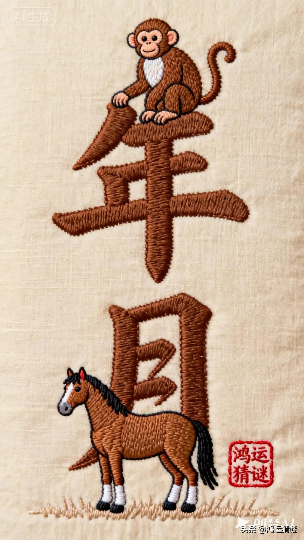 小猴在年上代表猴年，月下有马意味着马月，将两者结合起来，便是成语猴年马月。