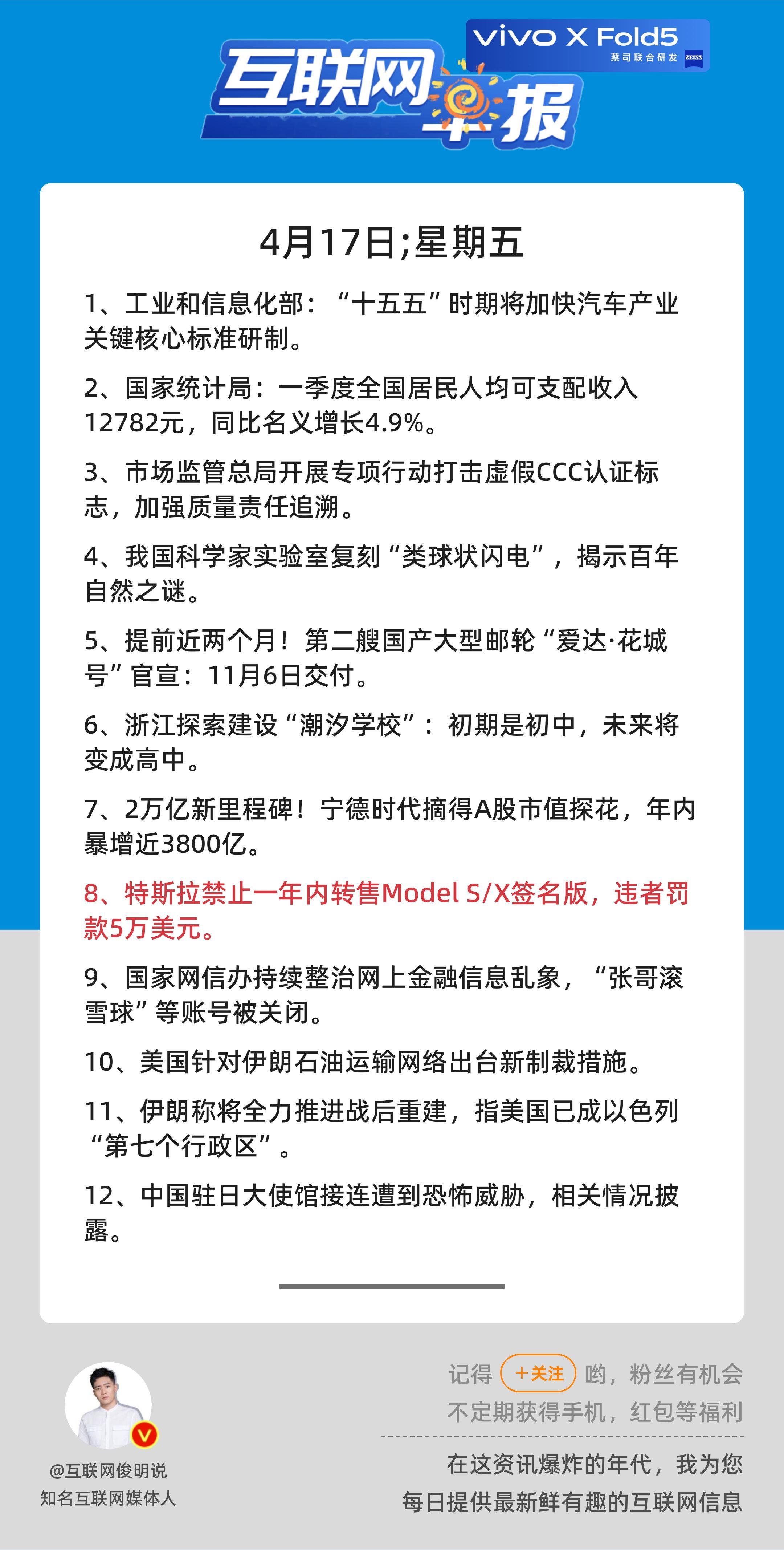 4月17日，星期五，《第3111期》；互联网早报，众览天下事关心第8条：特斯拉禁