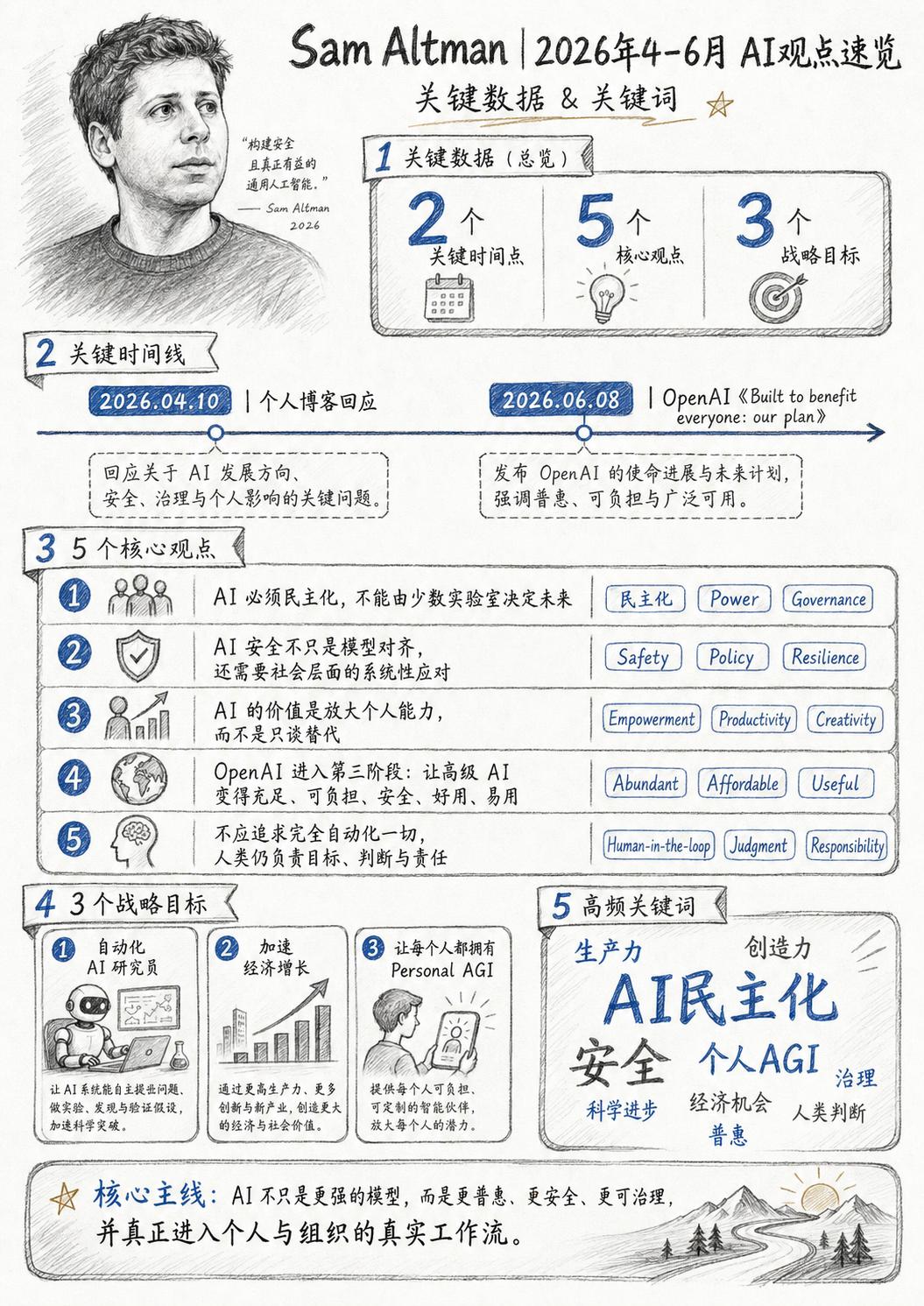 Sam Altman 4–6 月的主线是：
AI 会成为扩展人类能力的最大工具，