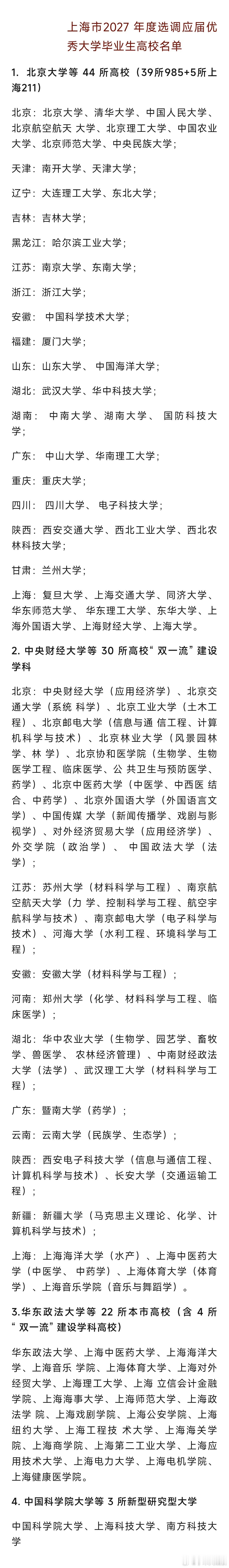 2027上海市选调目标院校公布：39所985、3所新型科大入选！留学生被排除 ​
