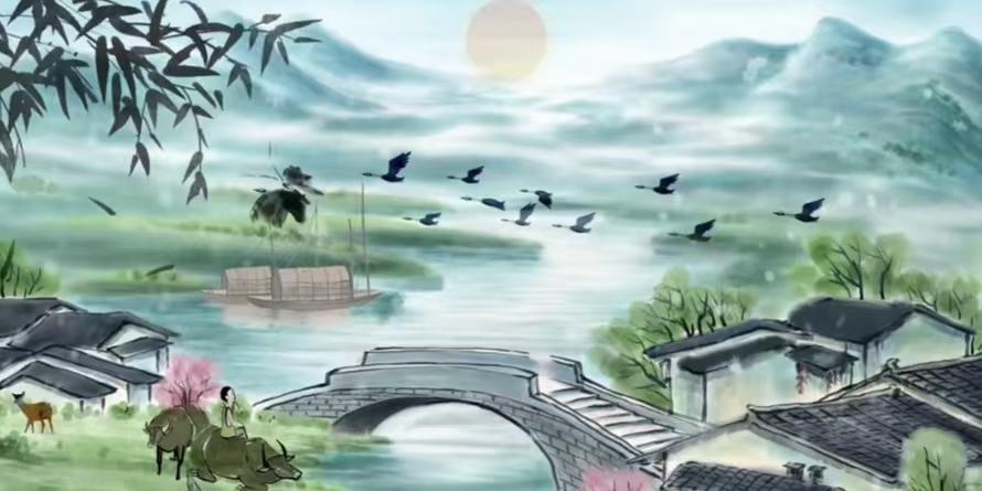 水仙子·江南春
江南千里啭莺喉，
绿树红芳映碧流。
山村水郭酒旗柔，
南朝古寺留