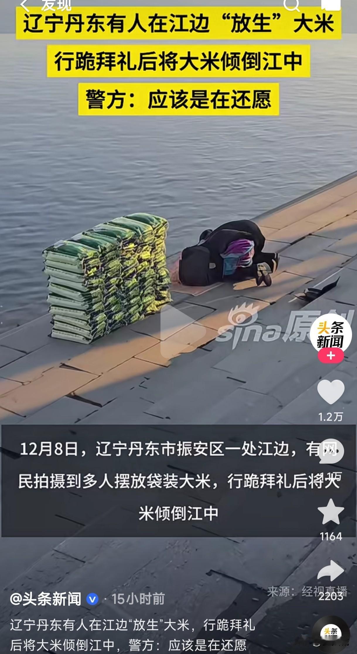 这是作了多少孽要用这么多大米来赎罪？
网友拍到辽宁丹东有人在江边放生大米，她们行