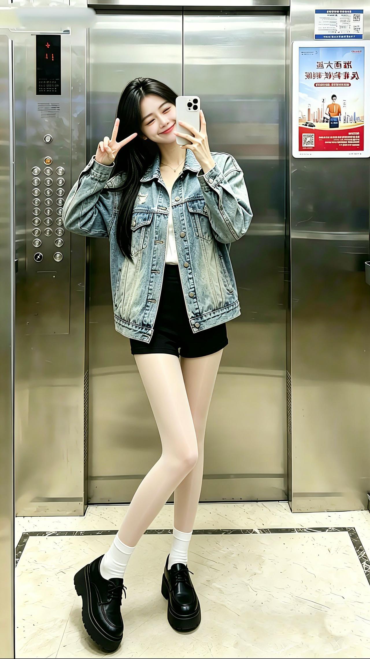 电梯间里，做旧牛仔外套裹着随性松弛，黑短裤一搭又添了甜酷俏感～厚底皮鞋+白袜踩出