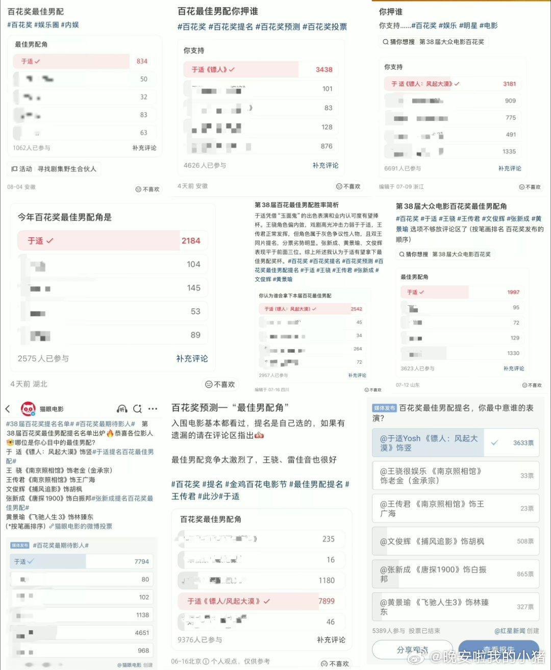 于适真的是百花最佳男配提名的唯一大热门了，各个平台tp都是领先第一的