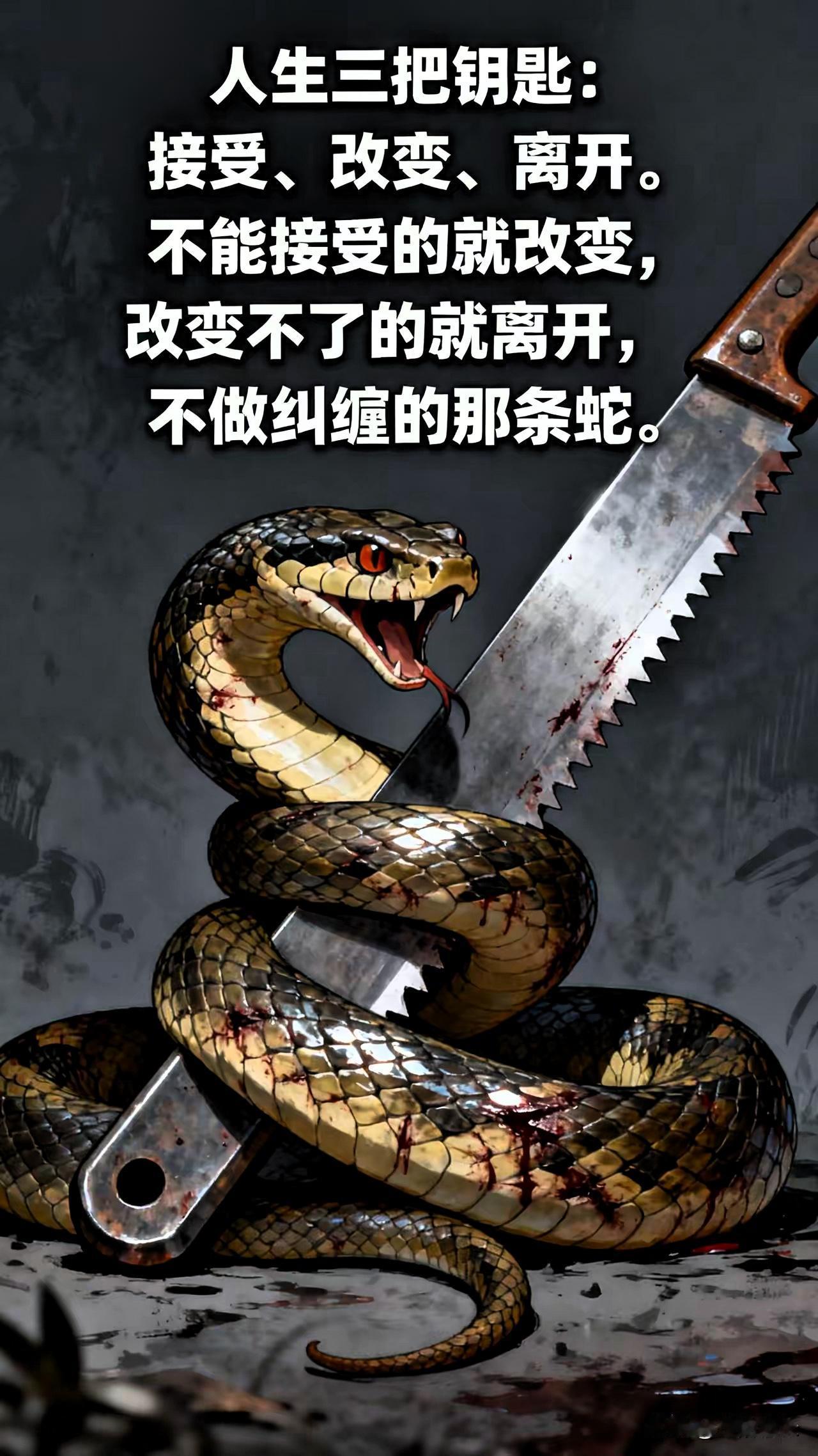 谁没见过这种“傻对抗”？
蛇闯木工店被锯子划伤。
偏要死咬锯子不放。最后
伤口撕