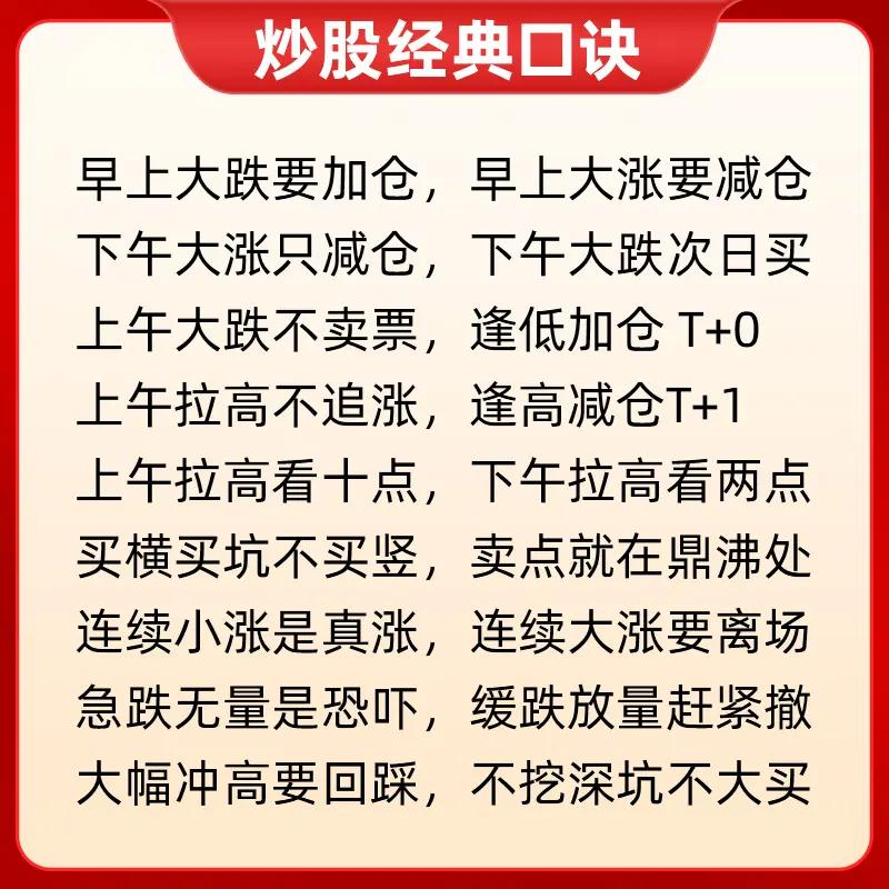 炒股经典口诀，核心内容涵盖：

1. 分时段操作策略：如早盘大跌可加仓、大涨宜减