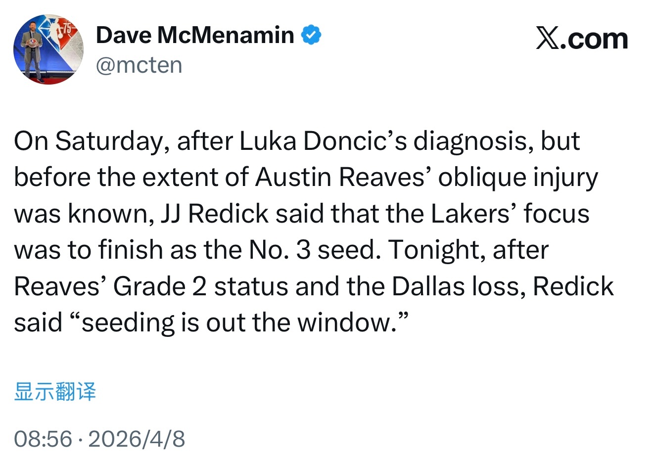 上周六，东契奇的诊断结果出来后，在里夫斯腹斜肌伤势的严重程度尚未明确前，雷迪克表