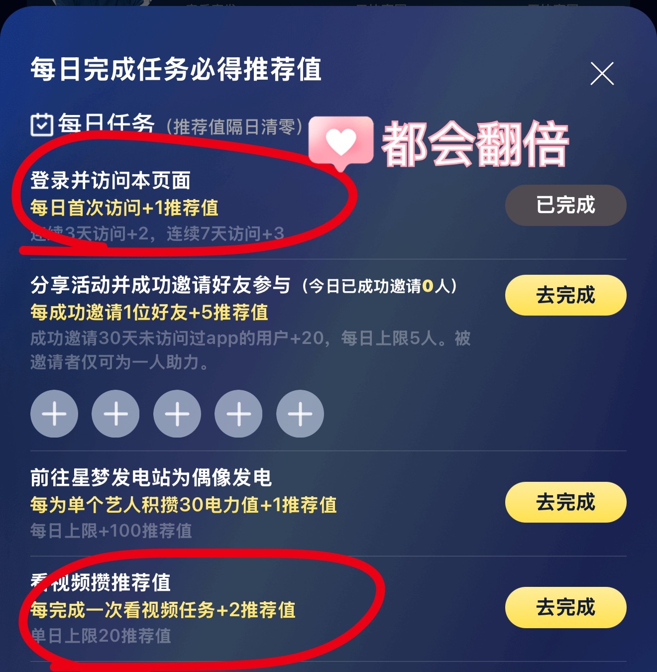 这个昨天晚上我就开了，不只是初次开通有100的推荐值！所有浏览任务都会翻倍的！比