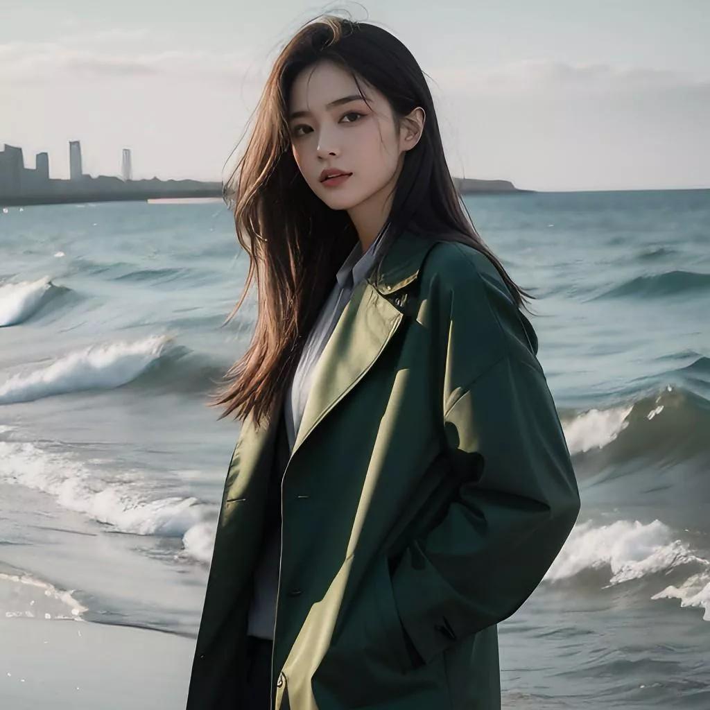 海边漫步，绿衣少女，城市天际线，随性自然。海边活力少女 湖边温柔少女 海边度假少