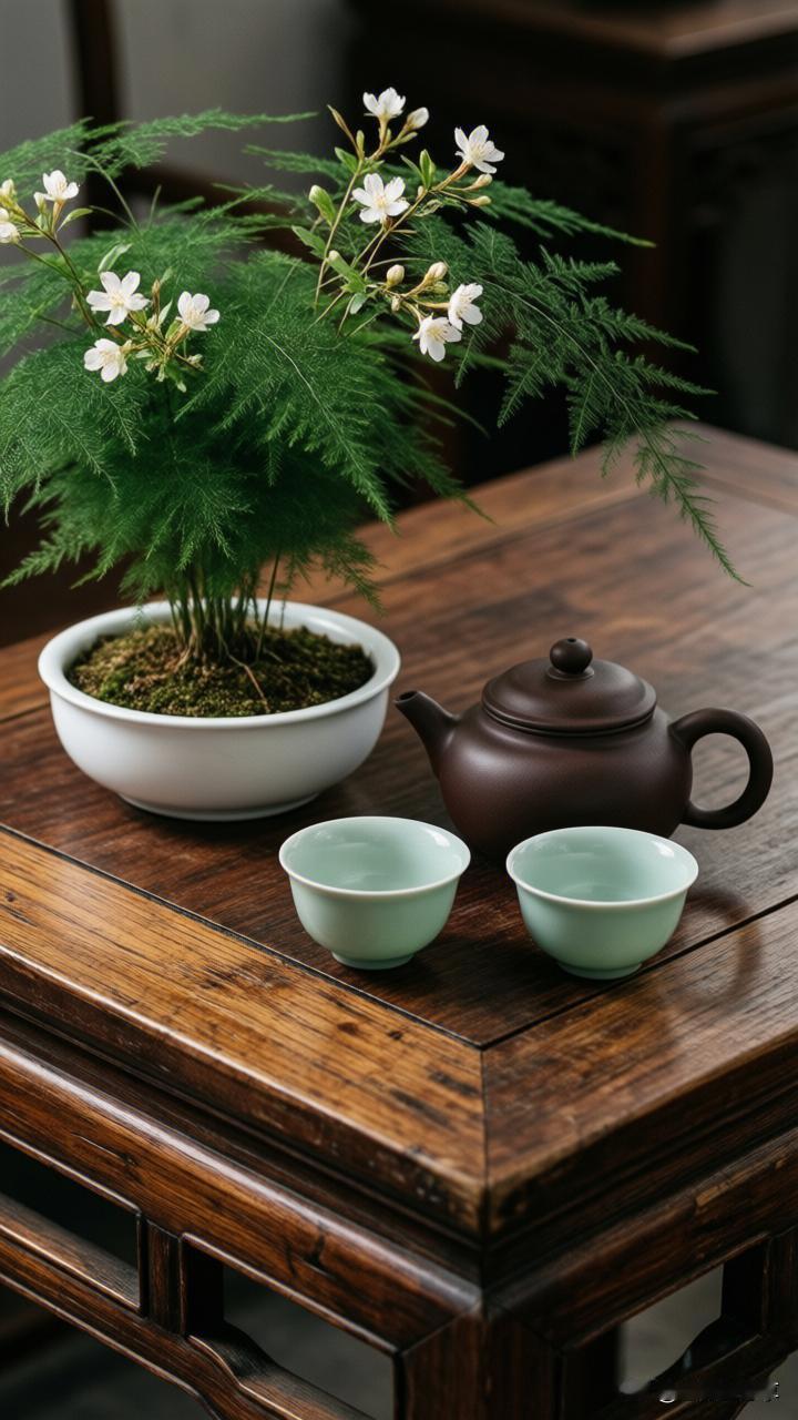 鹧鸪天·案上清供

文竹纤纤缀玉英，紫砂温润伴青茗。
案头静置生雅趣，杯底澄明映