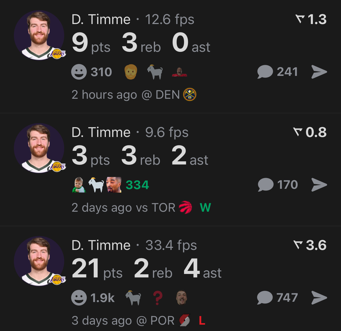 蒂米连续三场进入湖人轮换，都做出了正面贡献，在湖人急需火力的板凳席，蒂米可以带来