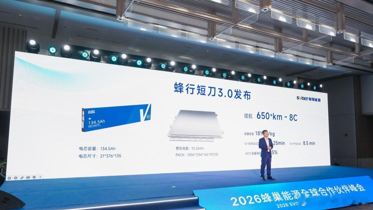 蜂行短刀3.0搭载130+Ah电芯能量密度＞181Wh/kg，续航突破650km