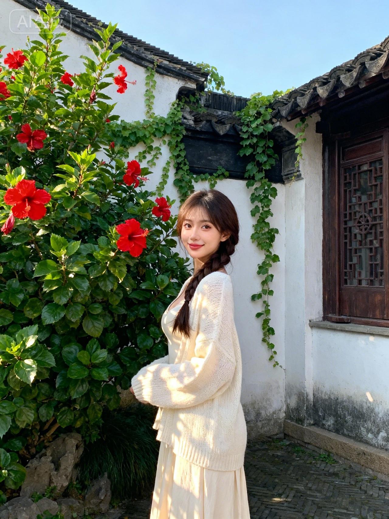 阳光明媚的午后，美女与红花相映成趣，恬静美好。