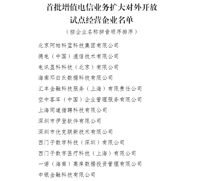 【工信部批复，京沪深琼13家外企试点互联网接入等业务】2月28日消息，据新华社从